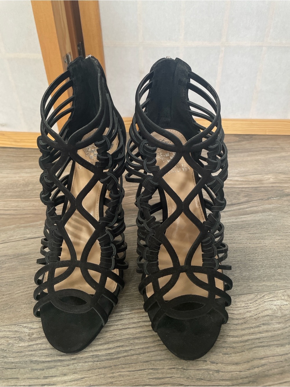 Vince Camuto Black Strappy Cage High Heels